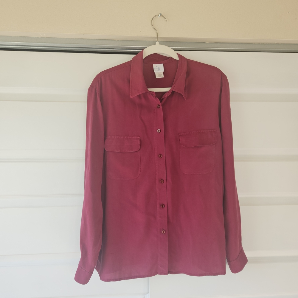 Ship 'n Shore Vintage 100% Silk Button Down Blouse Burgundy XL Pockets